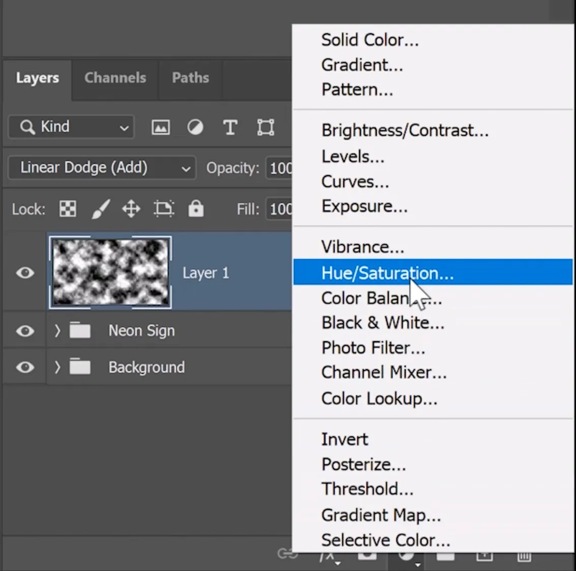 Hinzufügen einer Farbton/Sättigung-Einstellungsebene