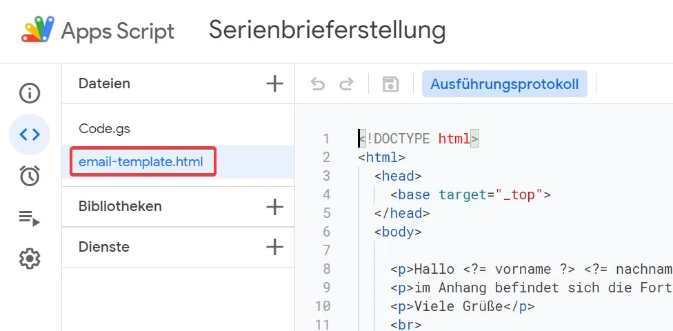 HTML-Code der email-template.html im Apps Script Editor