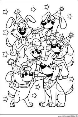 Hundeparty Ausmalbild drucken