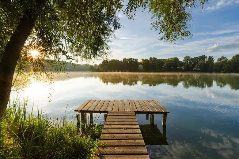 Idyllische Landschaft der Mecklenburgischen Seenplatte mit einem See, grünen Wäldern und einem kleinen Boot