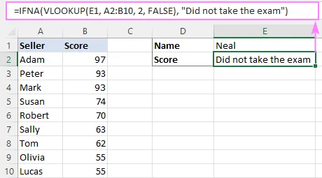 IFNA-SVERWEIS-Formel in Excel, die eine informative Meldung anzeigt.