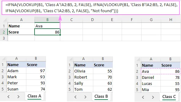 IFNA-SVERWEIS zur Suche über mehrere Blätter hinweg, um den ersten gefundenen Wert zurückzugeben.