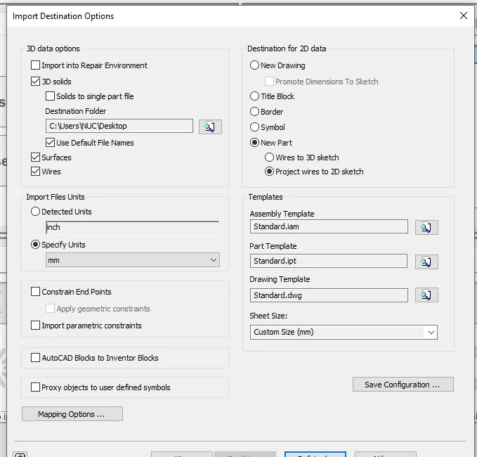 Importeinstellungen für Oberflächen in Volumenkörper