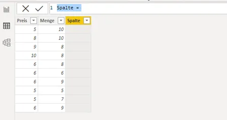In der Bearbeitungsleiste von Power BI Desktop ist der Text „Spalte =“ blau markiert.