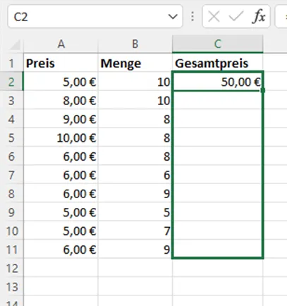 In der Spalte C der Excel-Tabelle sind die Zellen C2 bis C11 markiert. In Zelle C2 steht das Formel Ergebnis 50 €.