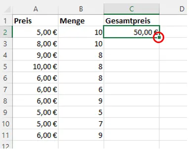 In einem Excel-Arbeitsblatt ist die Zelle C2 ausgewirkt. Das kleine Kästchen unten rechts in der Markierung ist rot umkreist.