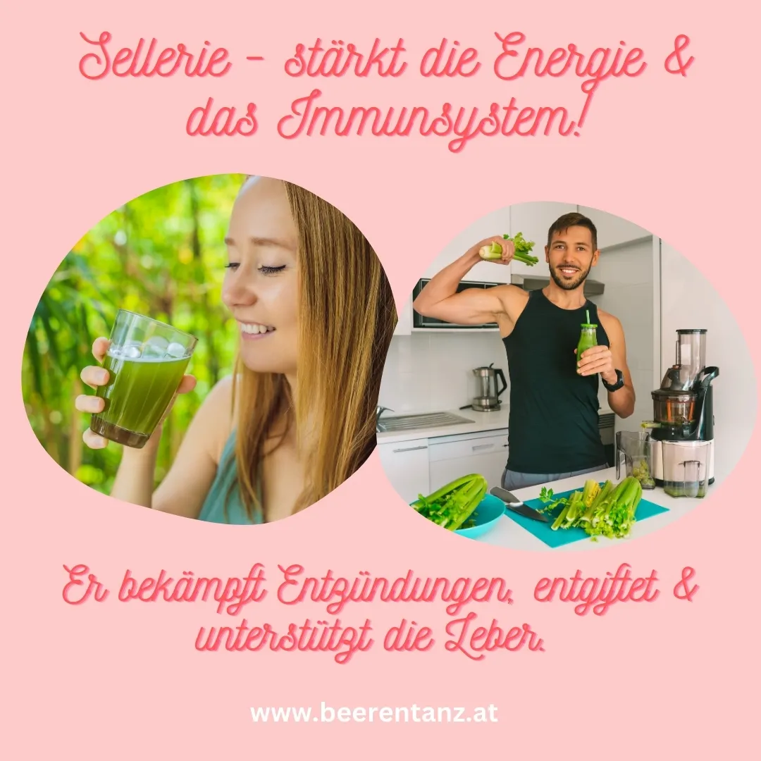 Infografik über Vorteile von Sellerie mit Foto einer Frau, die Selleriesaft trinkt und einem Mann, der Selleriesaft zubereitet