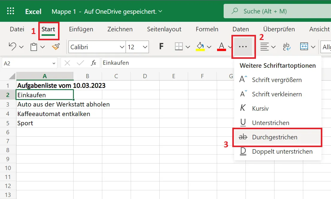 Inhalte in Excel Online durchstreichen
