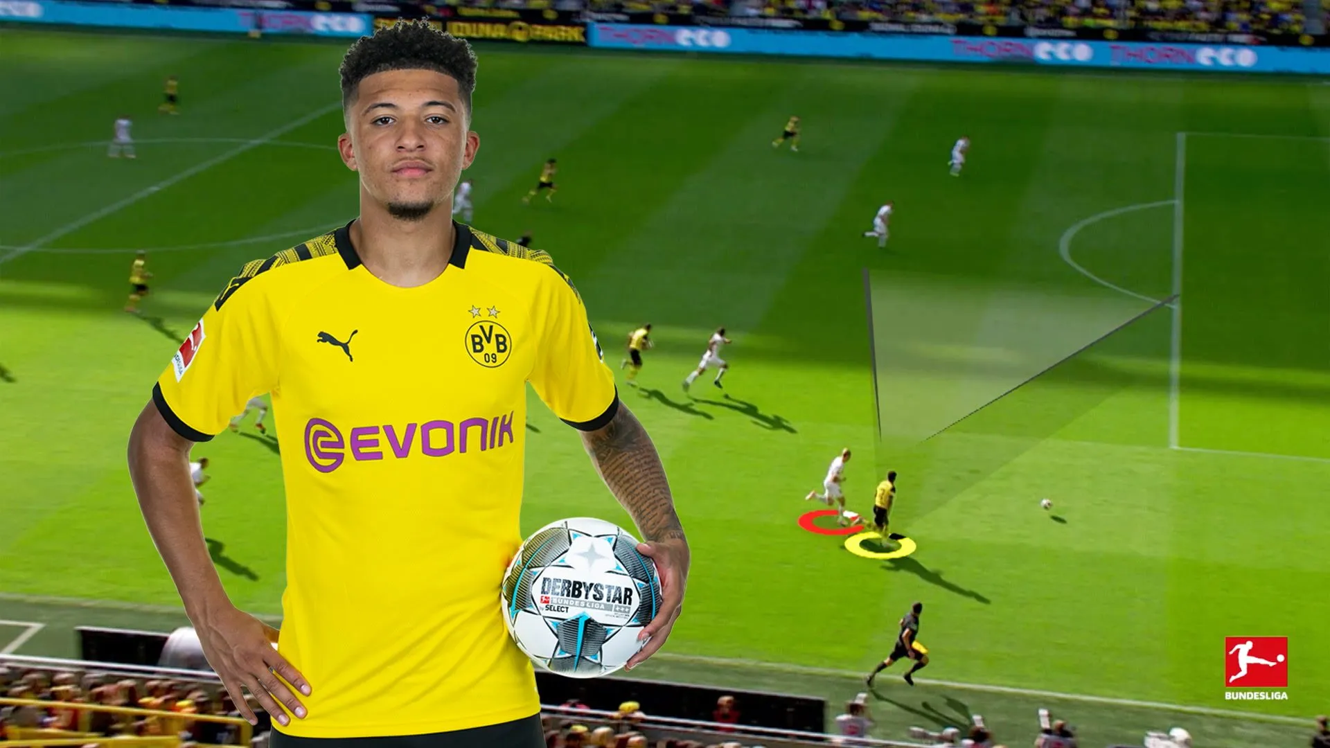 Jadon Sancho dribbelt mit dem Ball für Borussia Dortmund