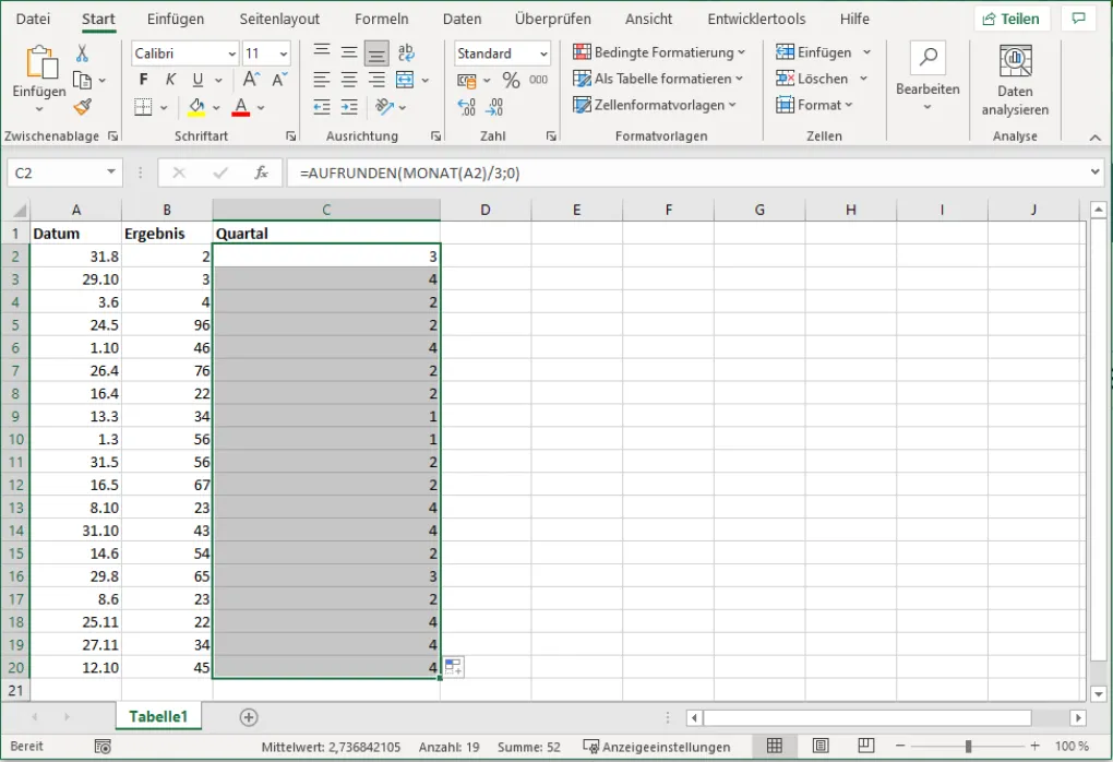 Jedem Datumswert wurde automatisch das entsprechende Quartal zugeordnet