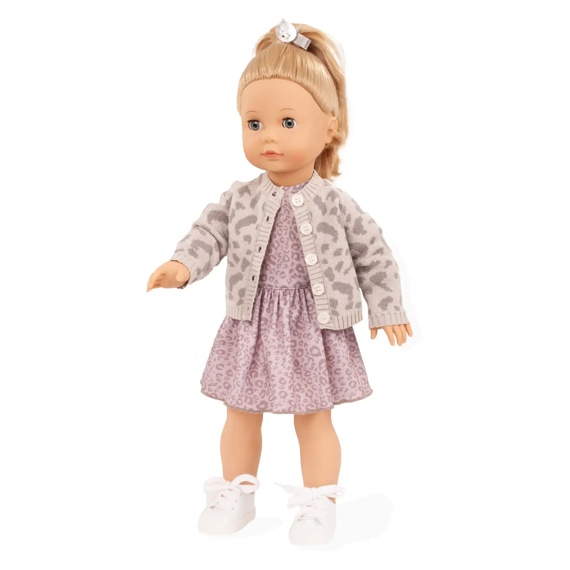Jessica Grey Cat Puppe in elegantem Leopardenkleid und Strickjacke