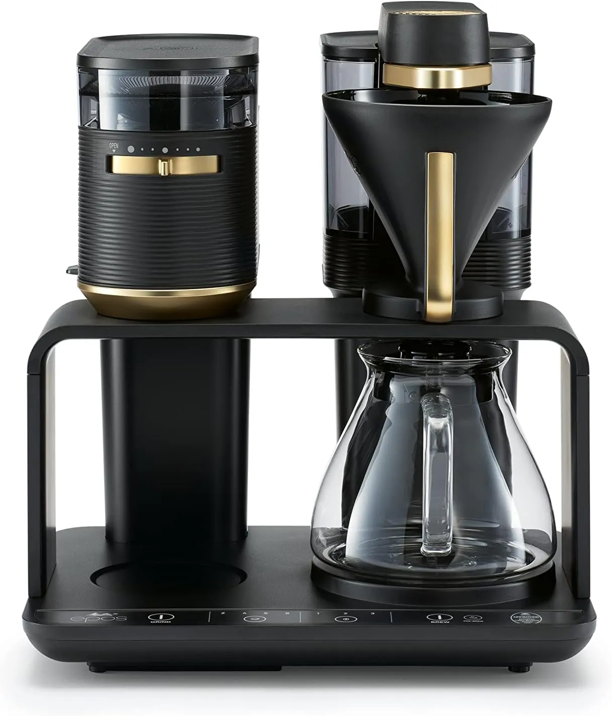 Kaffeemaschine Melitta EPOS in elegantem Schwarz-Gold, mit Kanne und Mahlwerk