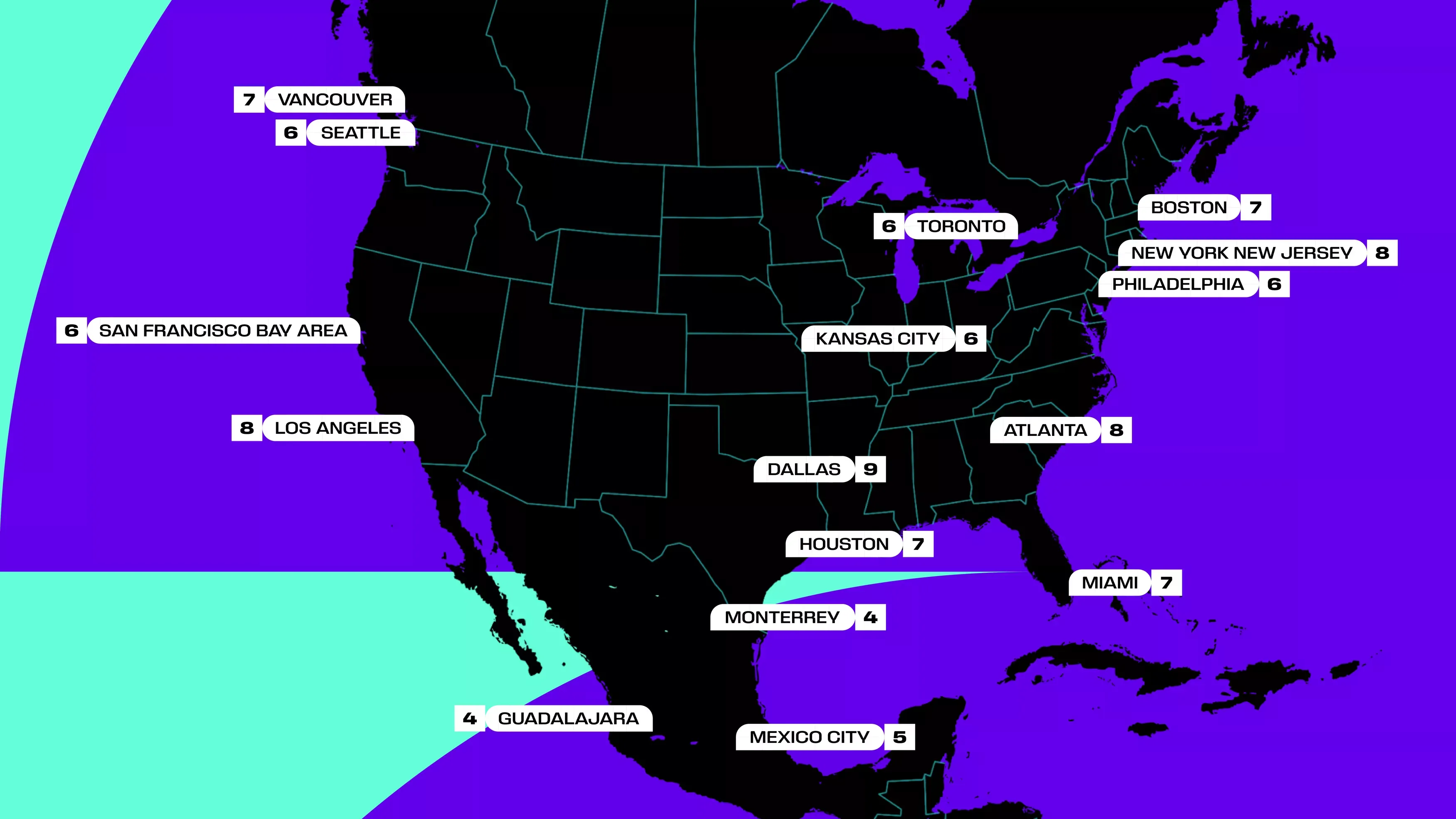 Karte der FIFA World Cup 26 mit allen Spielen und Stadien