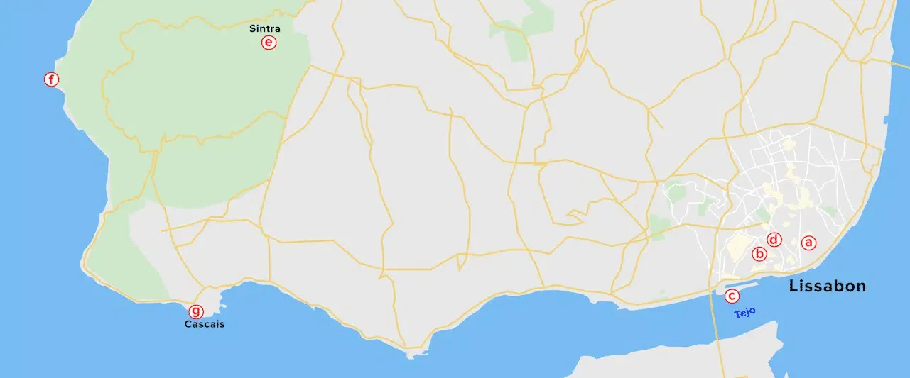 Karte mit den Startpunkten der vorgestellten Touren in Lisaabon
