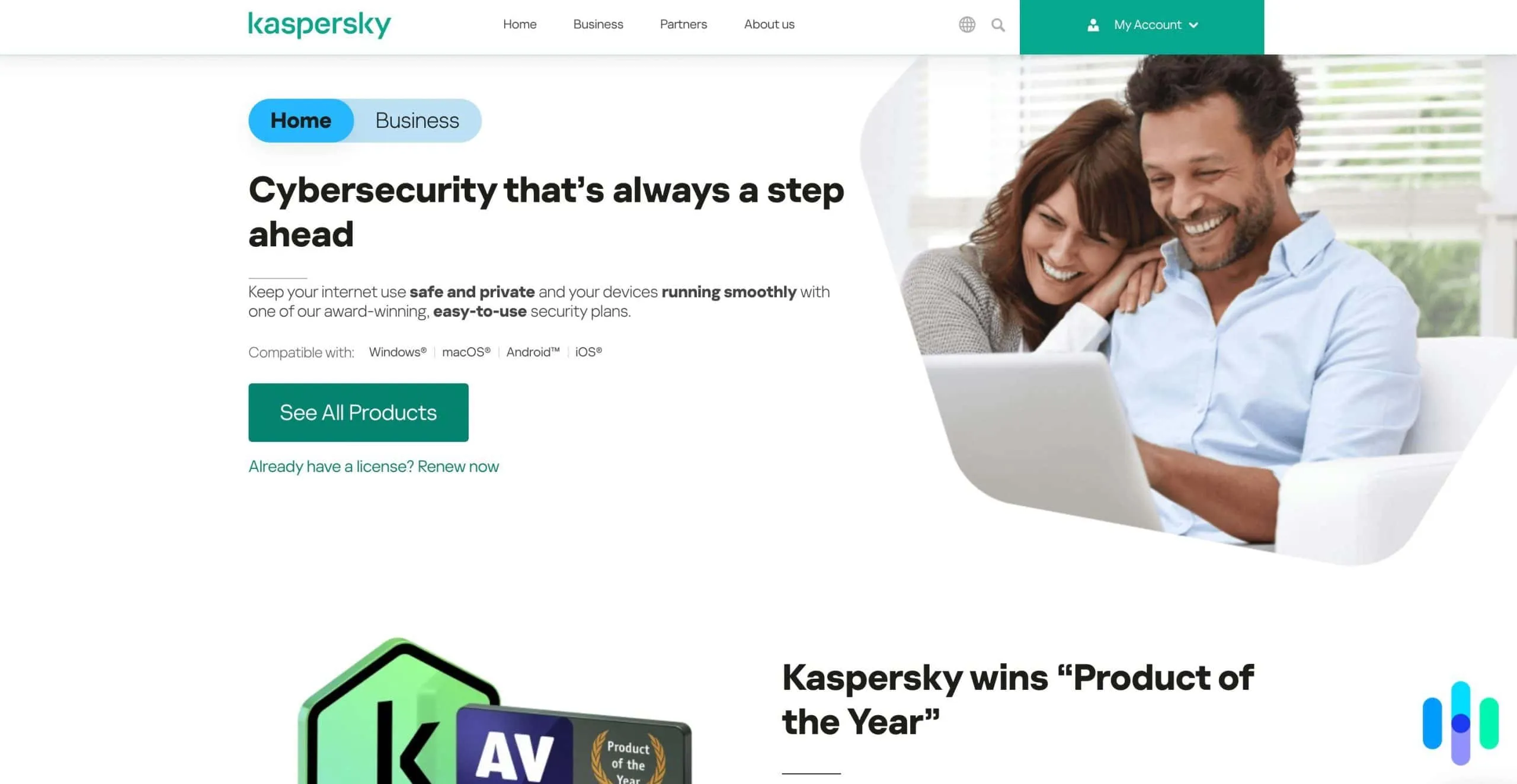Kaspersky Startseite mit klarem und modernem Design