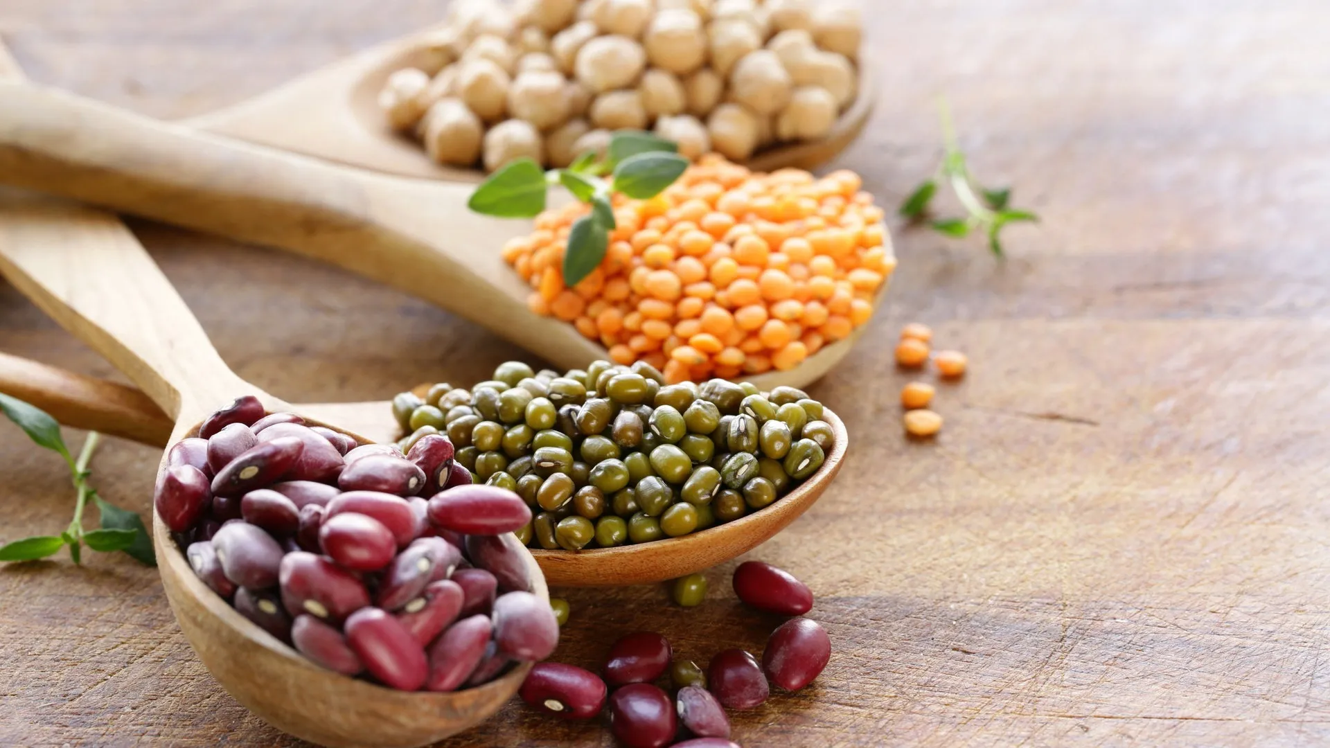 Kichererbsen, rote Linsen, Mungbohnen und Kidneybohnen liegen auf Holzlöffeln auf einer Platte. Wie gesund sind Hülsenfrüchte?