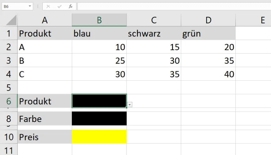 Kleine Beispieltabelle mit drei Zeilen und vier Spalten Produktkriterien, die die Einschränkungen der reinen INDEX-Funktion verdeutlicht
