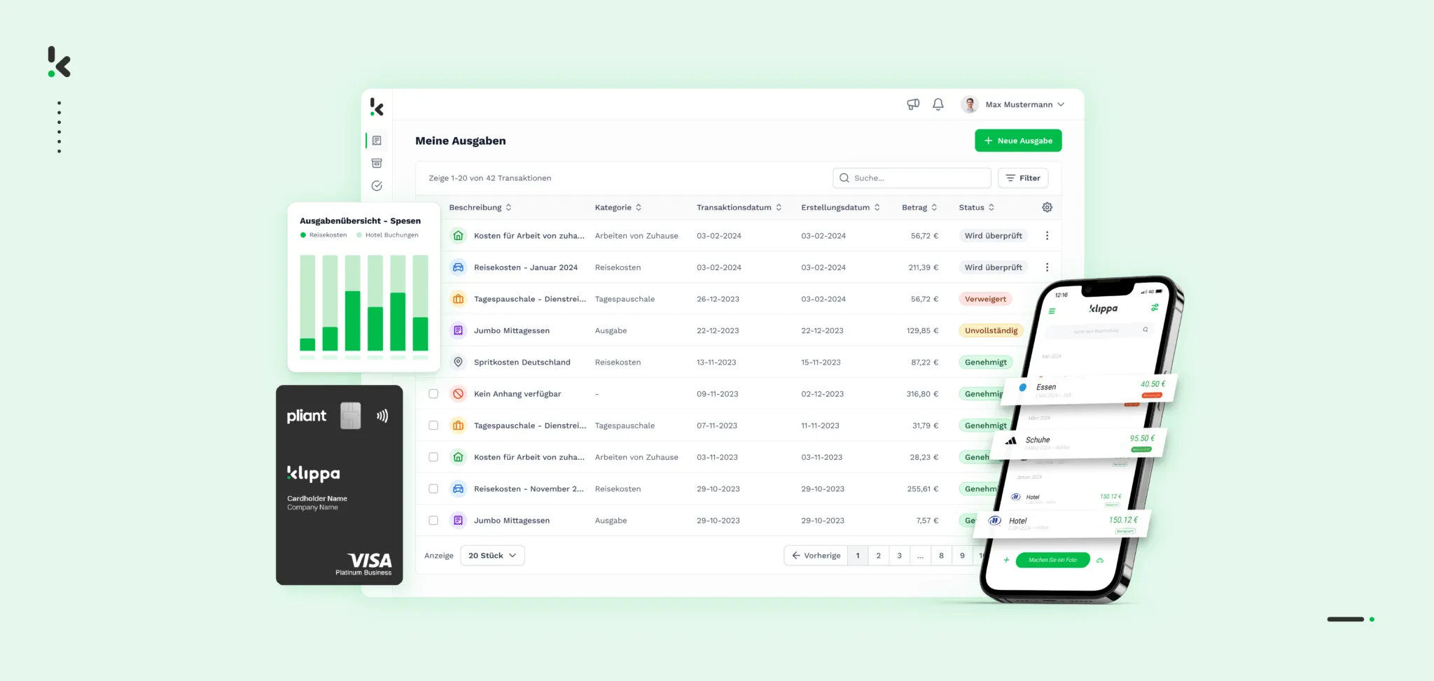 Klippa SpendControl Produktvisual, zeigt die digitale Erfassung und Verwaltung von Spesen auf verschiedenen Geräten