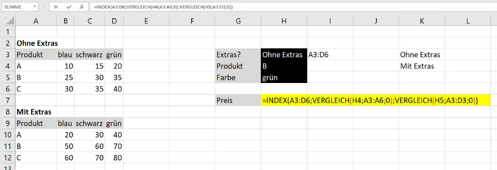 Kombination der INDEX- und VERGLEICH-Funktion zur dynamischen Abfrage eines Wertes basierend auf Kriterien aus Dropdown-Listen