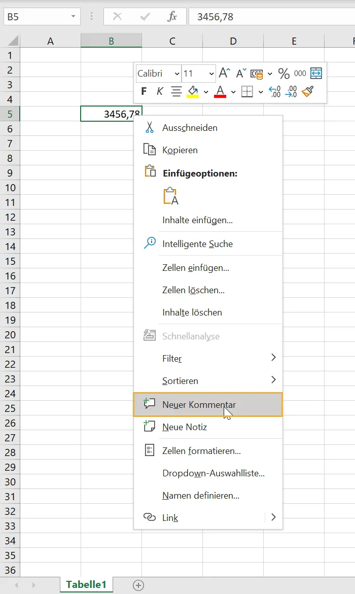 Kommentar in Excel-Zelle einfügen