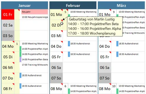 Kompakte Kalenderdarstellung für bis zu zwei Termine pro Tag auf einer DIN A4-Seite