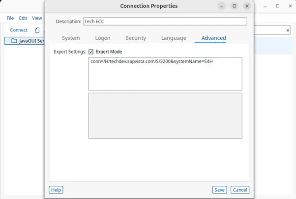 Konfiguration der SAP GUI Verbindung im Erweiterten Tab mit Export-Modus und Eingabe der Verbindungsdaten