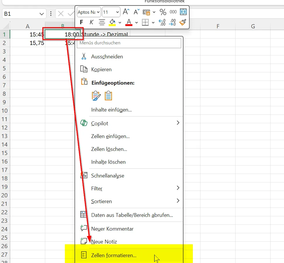 Kontextmenü in Excel zum Formatieren von Zellen