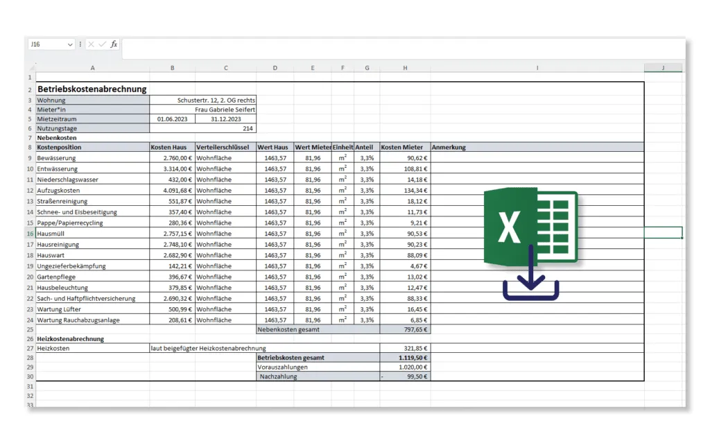 Kostenlose Excel-Vorlage für die Nebenkostenabrechnung zum Download