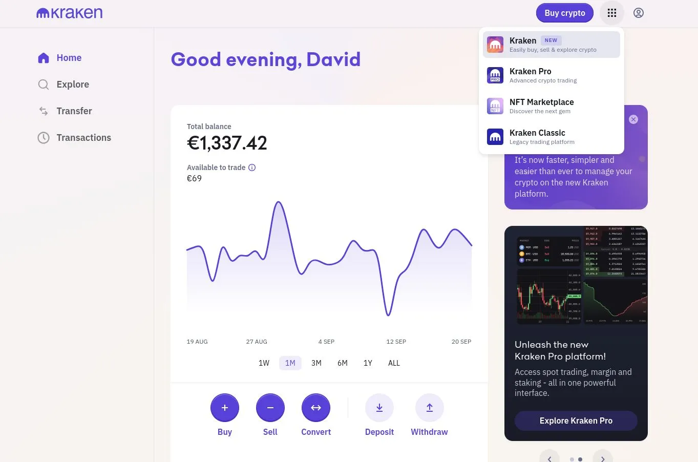 Kraken Benutzeroberfläche nach dem Redesign mit direktem Zugang zu Kraken Pro