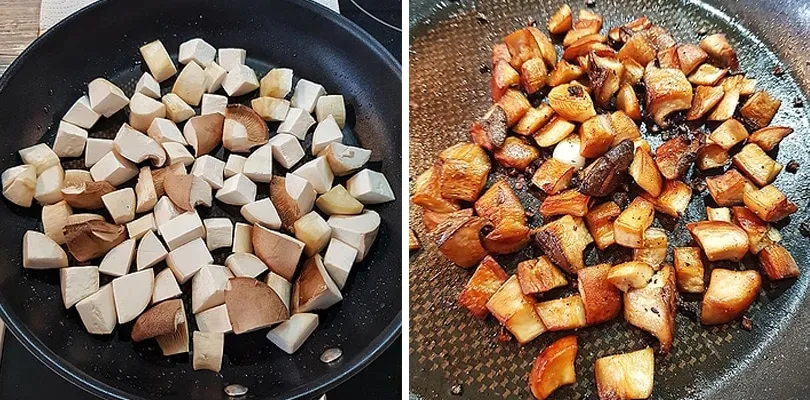 Kräuterseitlinge und Zwiebeln werden in einer Pfanne goldbraun angebraten