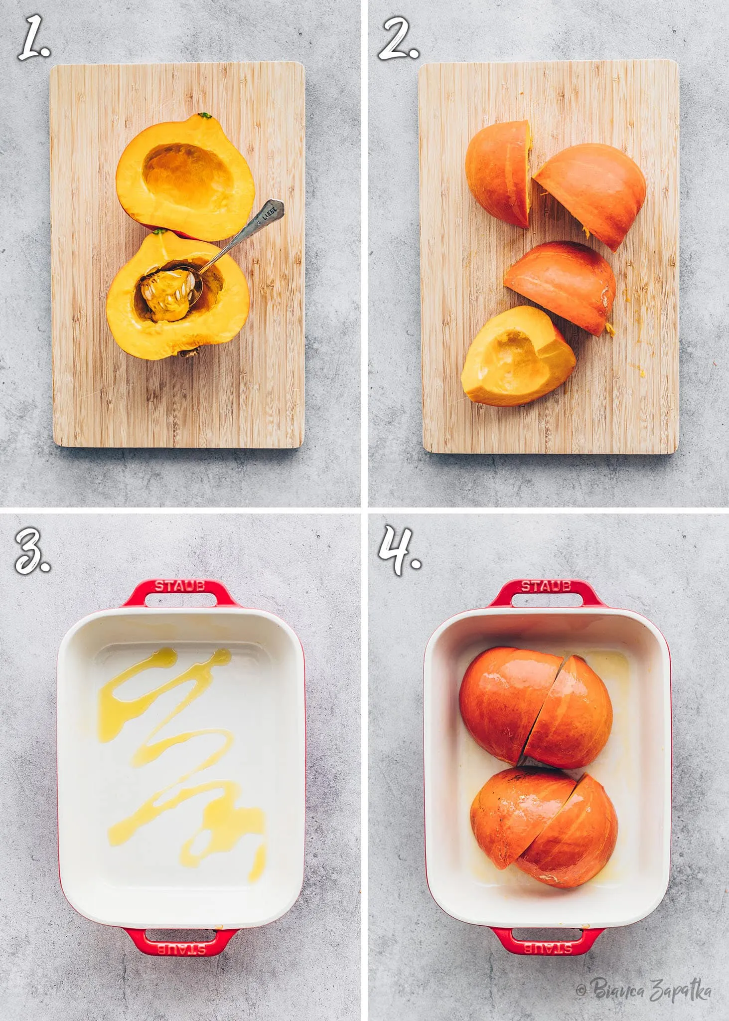 Kürbisstücke im Ofen, bereit zum Rösten für aromatisches Püree