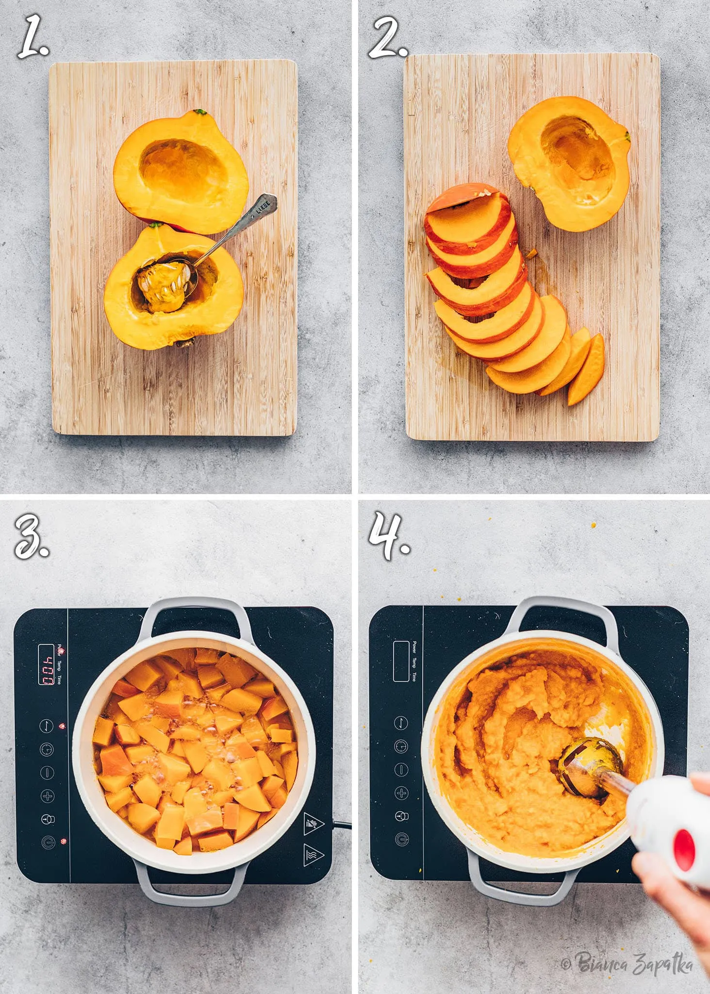 Kürbisstücke in einem Topf, kurz vor dem Kochen zu Kürbispüree