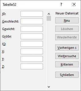 Leere Excel-Eingabemaske nach der Aktivierung