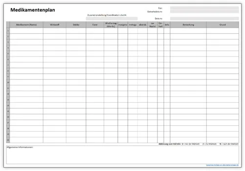 Leere Medikamentenplan Vorlage zum Ausfüllen der persönlichen Medikamenteninformationen