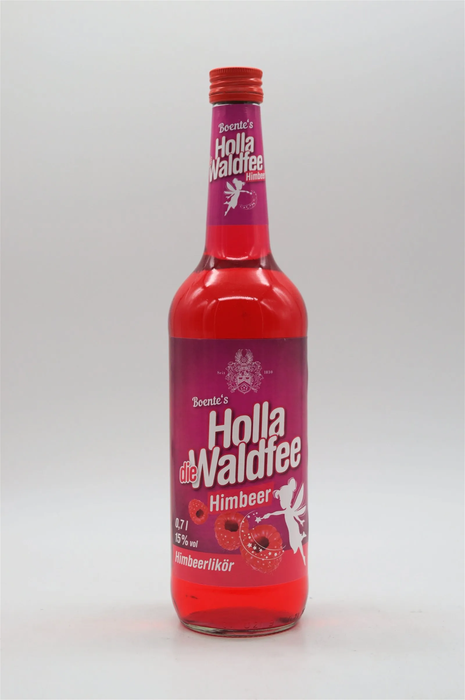 Leuchtend roter Boente's Holla die Waldfee Himbeerlikör in einer eleganten Flasche