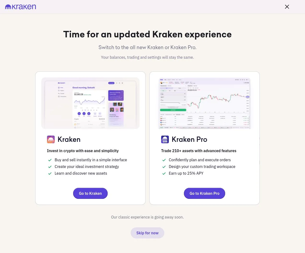 Links: Die Plattform Kraken für Einsteiger, die direkt und unkompliziert Kryptos kaufen möchten. Rechts: Die Trading-Plattform Kraken Pro für erfahrene User, die viel Volumen handeln und bei den Gebühren sparen.