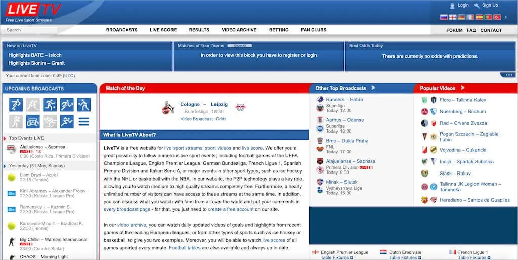 LiveTV.sx Startseite mit einer Liste aktueller und bevorstehender Live-Sportveranstaltungen