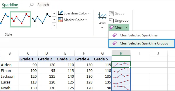 Löschen von Sparklines in Excel