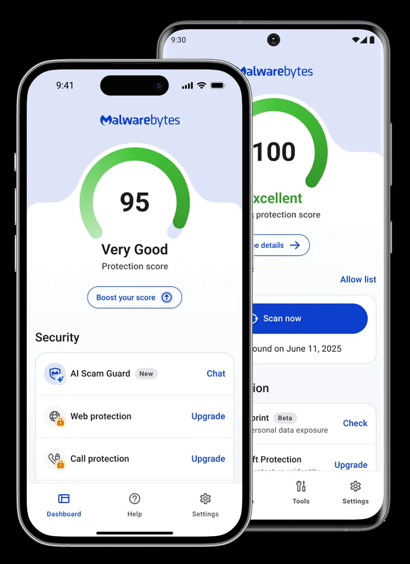 Malwarebytes Mobile App Dashboard, das die Benutzeroberfläche auf einem iPhone und einem Android-Gerät zeigt