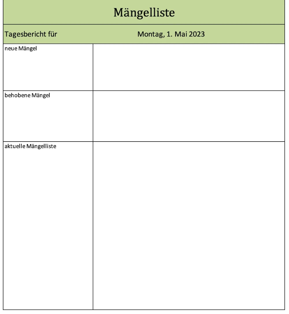 Mängelliste zur systematischen Erfassung und Nachverfolgung von Baumängeln