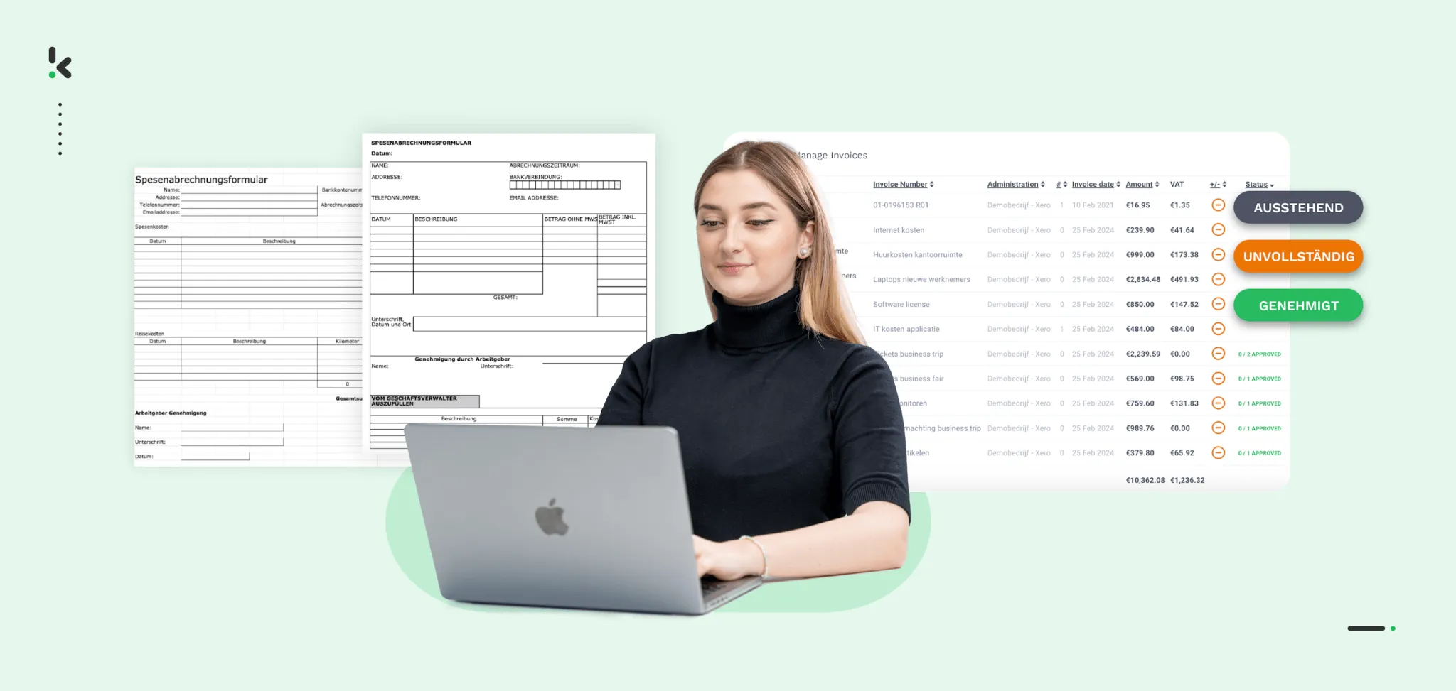 Manuelle Spesenabrechnung Vorlage mit Feldern für Name, Datum, Belege und Genehmigung