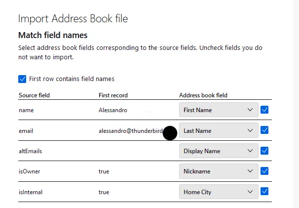 Manuelles Zuordnen von Feldern beim CSV-Import in Thunderbird