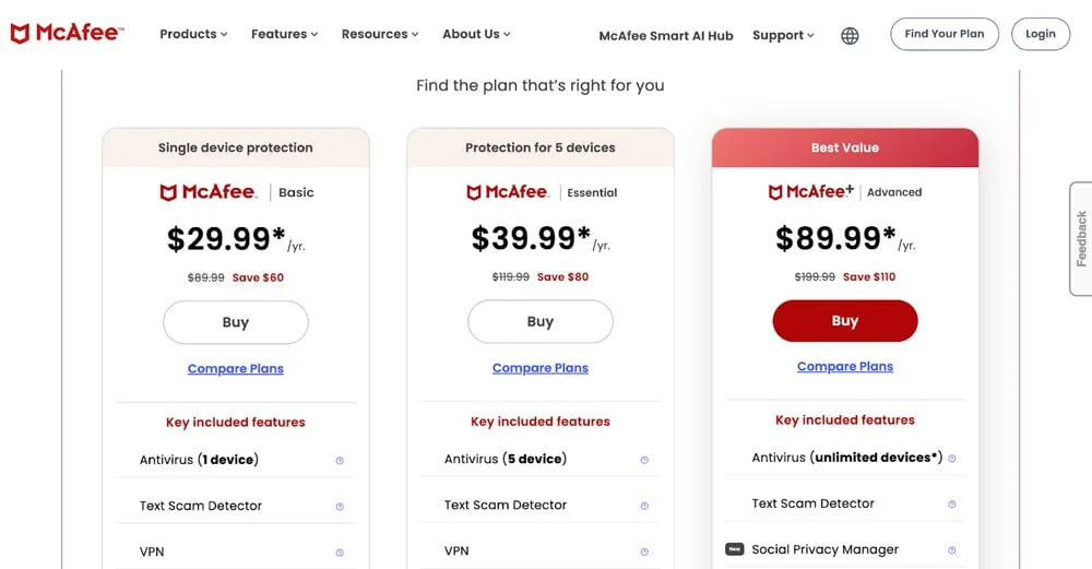 McAfee Preisübersicht Screenshot