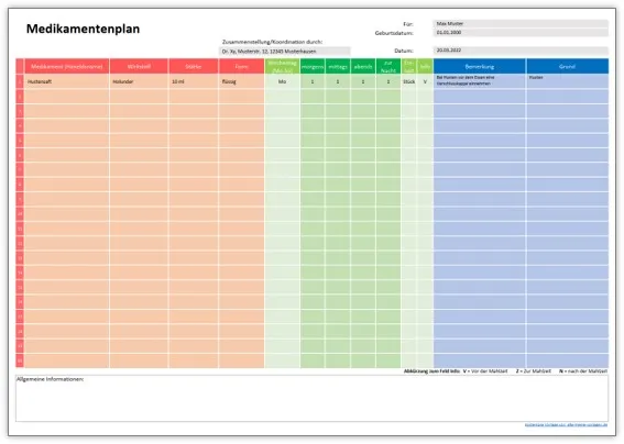 Medikamentenplan Vorlage in bunten Farben zur besseren Übersicht