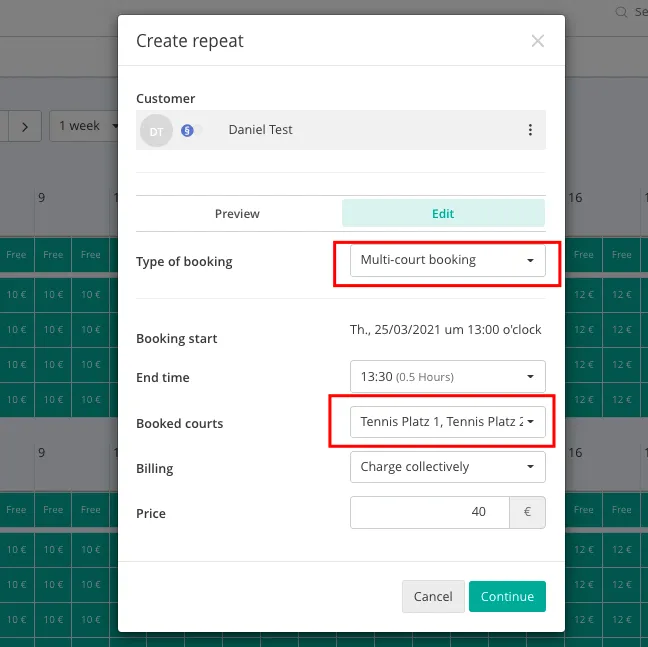Mehrplatz-Buchungseinstellungen