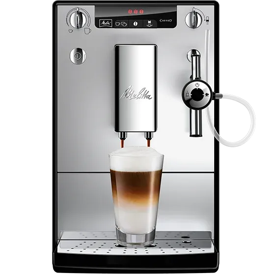 Melitta Caffeo Solo Perfect Milk in Silber, Ansicht von vorne mit Kaffeetasse