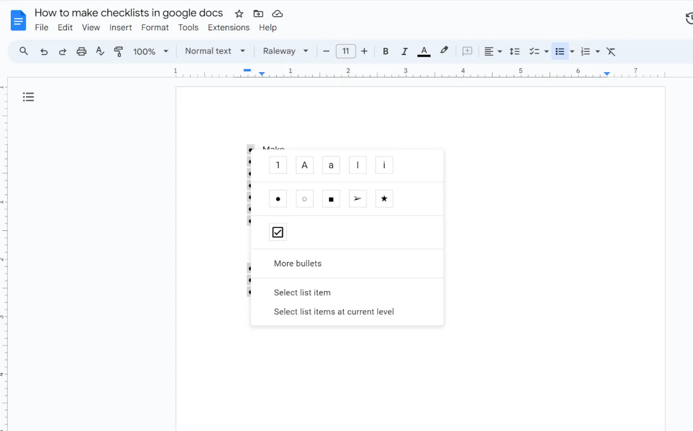 Menü für die Checkliste mit Aufzählungspunkten in Google Docs zeigt die Auswahl des Kontrollkästchen-Symbols