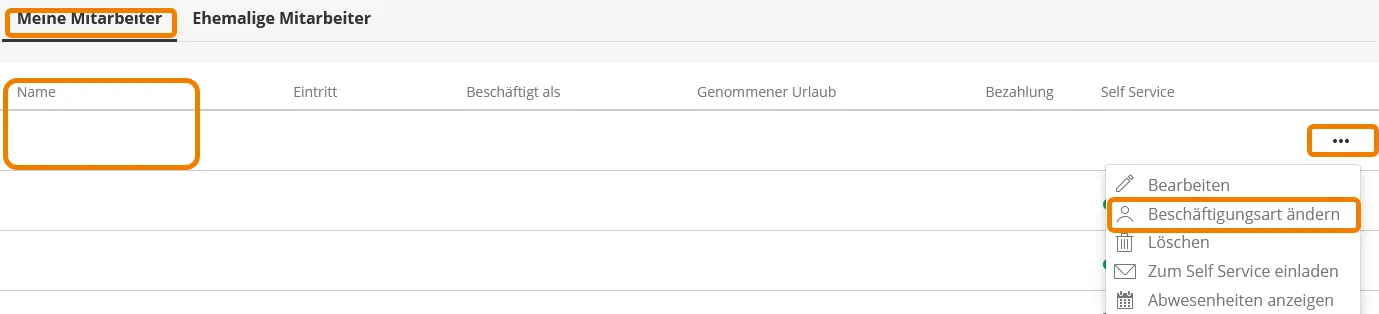 Menüauswahl zur Änderung der Beschäftigungsart eines Mitarbeiters in Lexware Payroll