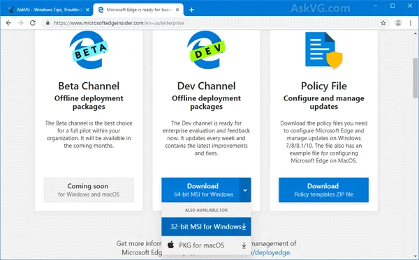 Möglichkeit zum Herunterladen des vollständigen eigenständigen Offline-Installers für Microsoft Edge