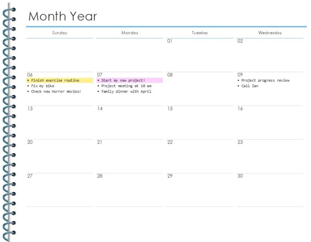 Monatlicher persönlicher Planer Vorlage in Excel mit modernem, einfachem Design